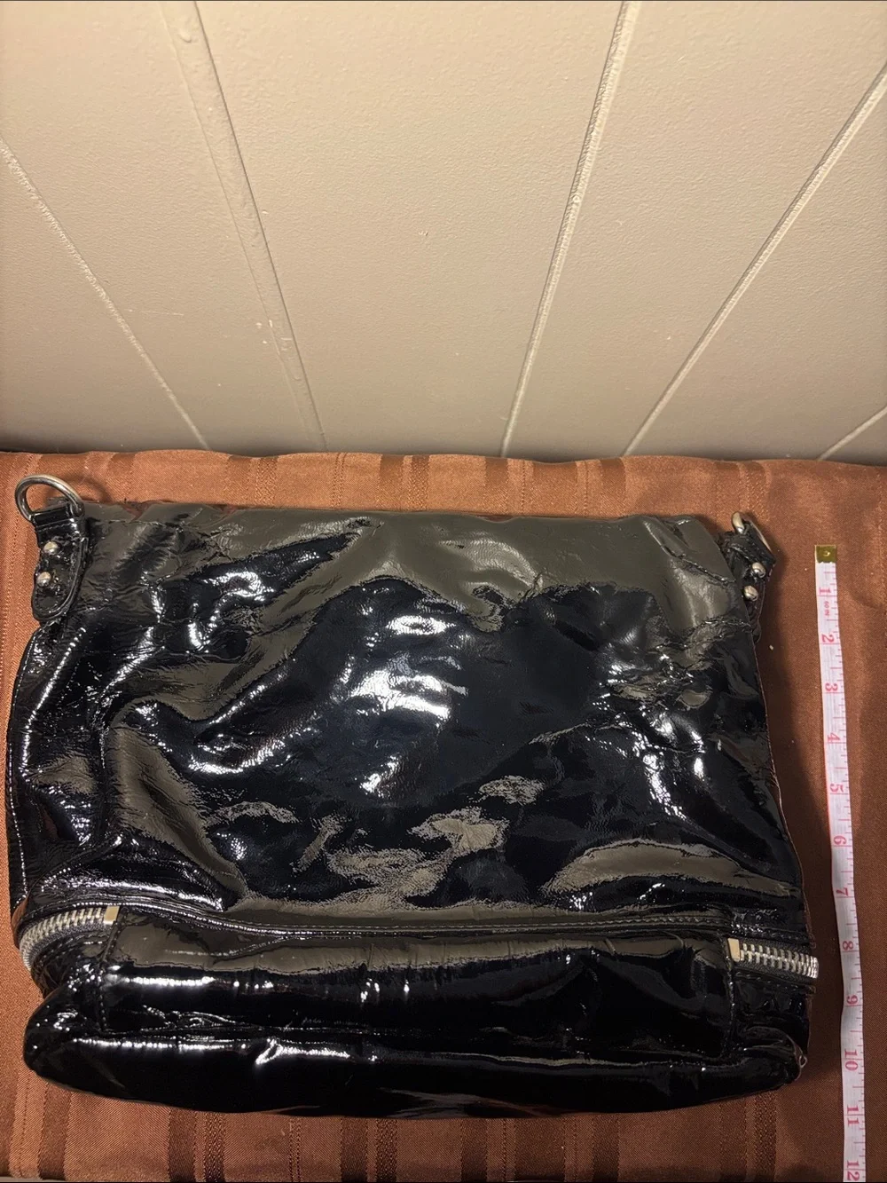 Badgley Mischka Black Crinkled Patent Leather 2Way Foldover Clutch Tote w/ Strap